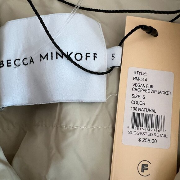 Rebecca Minkkoff Women's Cropped Bomber Faux Fur Coat Jacket SMALL in Natural - Picture 11 of 13